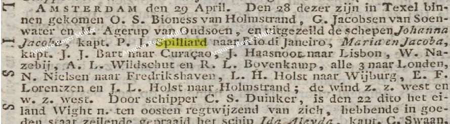 Comprovação da saída do Johanna Jacoba de Amsterdam