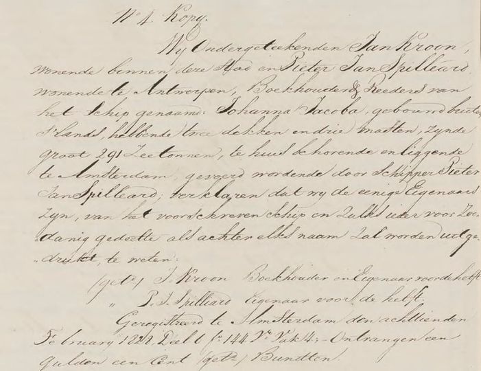 Escritura de propriedade do Johanna Jacoba em fevereiro de 1828 feita em Amsterdam, local onde se encontrava sendo que em abril seguiu para o Rio de Janeiro
